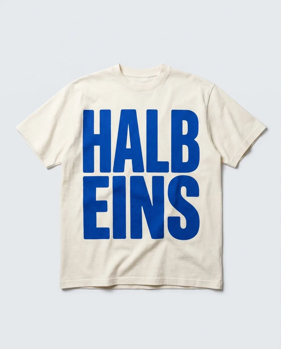 Ecru-farbenes Shirt mit riesiger kobaltblauer Schrift HALB EINS