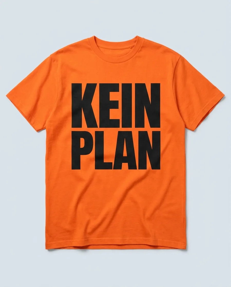 Oranges Shirt mit schwarzer Blockschrift KEIN PLAN