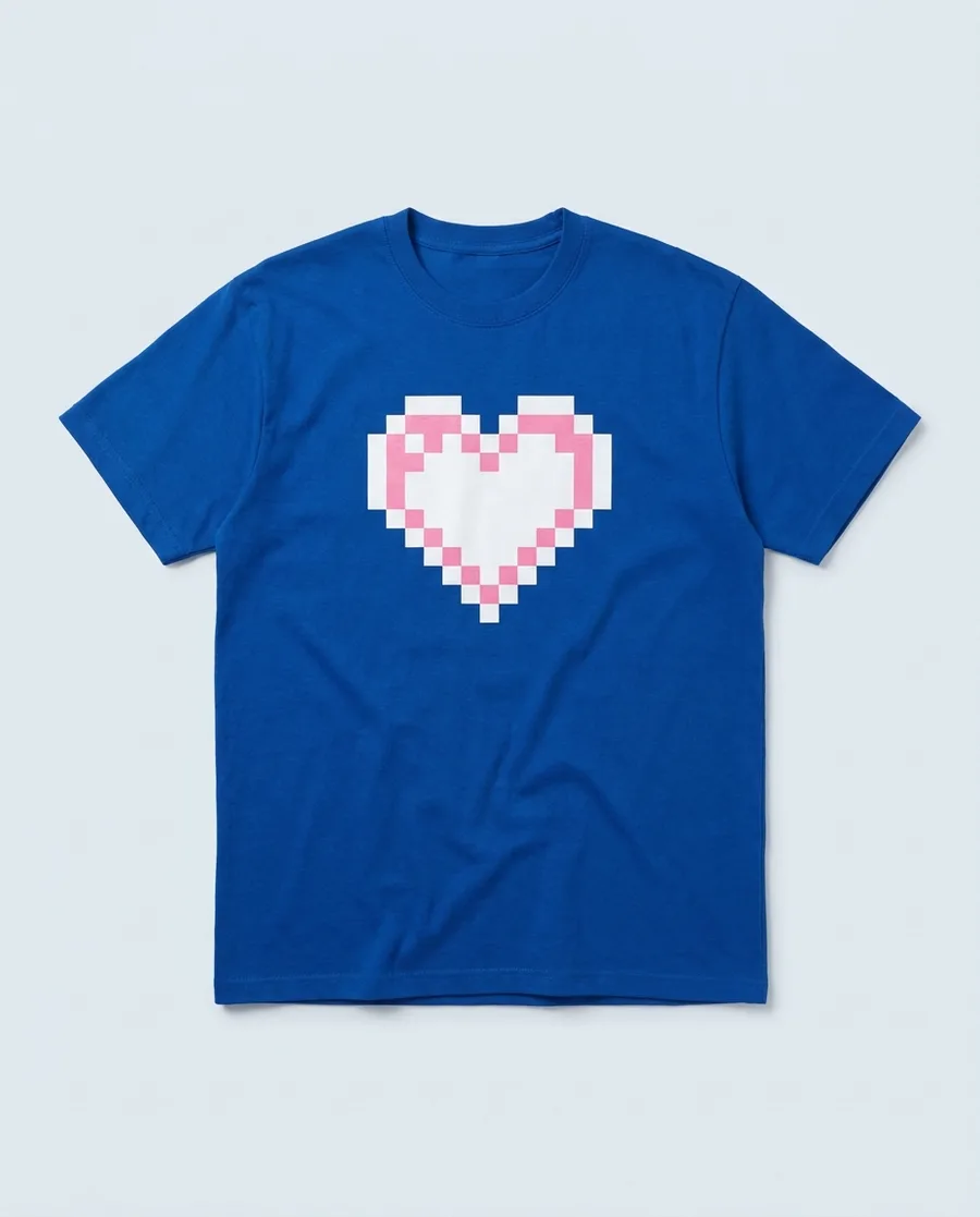Royalblaues Shirt mit einem Herz aus weißen und rosa Pixeln