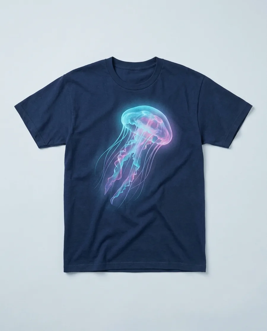 Marineblaues Shirt mit einer Qualle in Cyan und Magenta