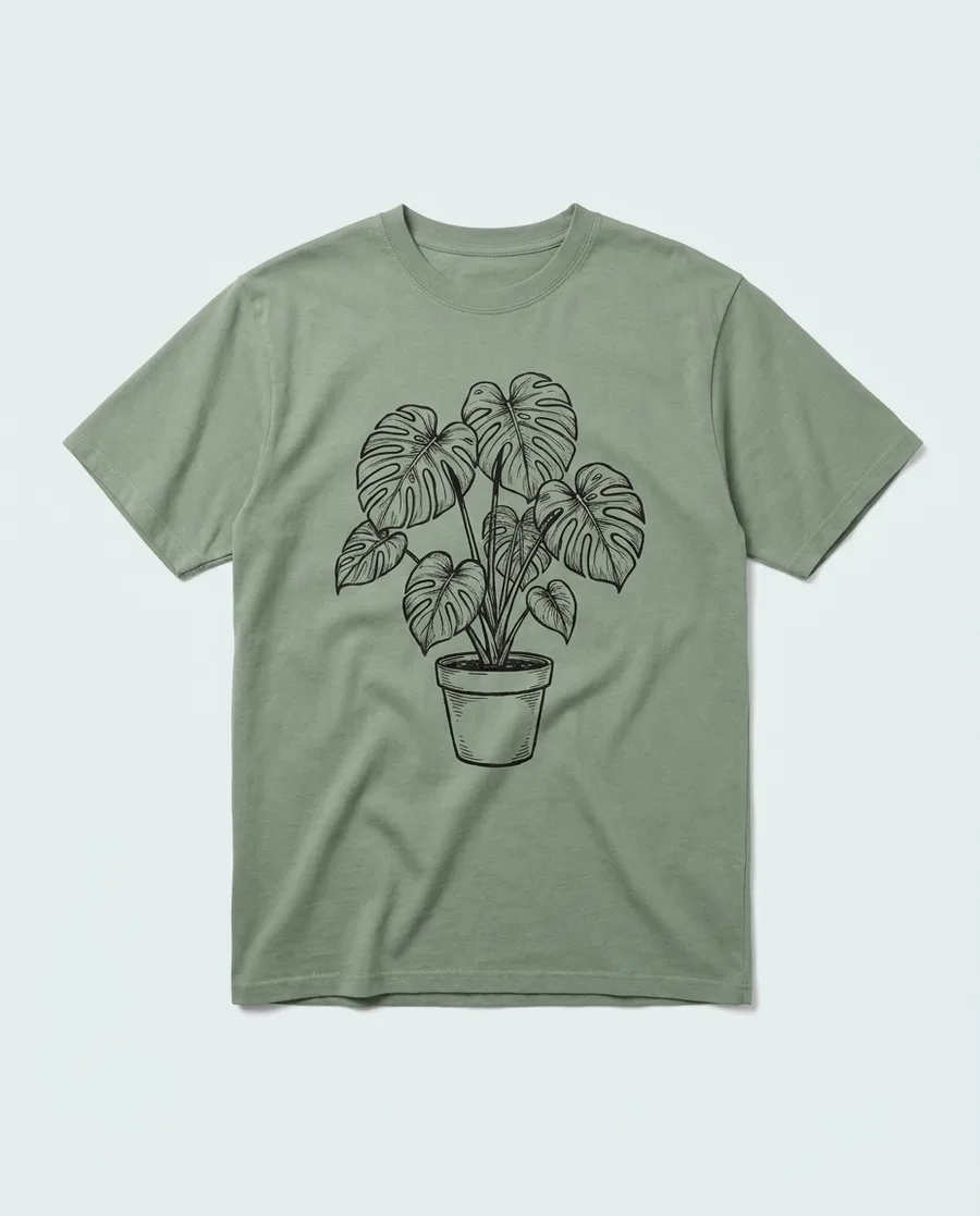 Salbeigrünes Shirt mit schwarzer Tuschezeichnung einer Monstera im Topf